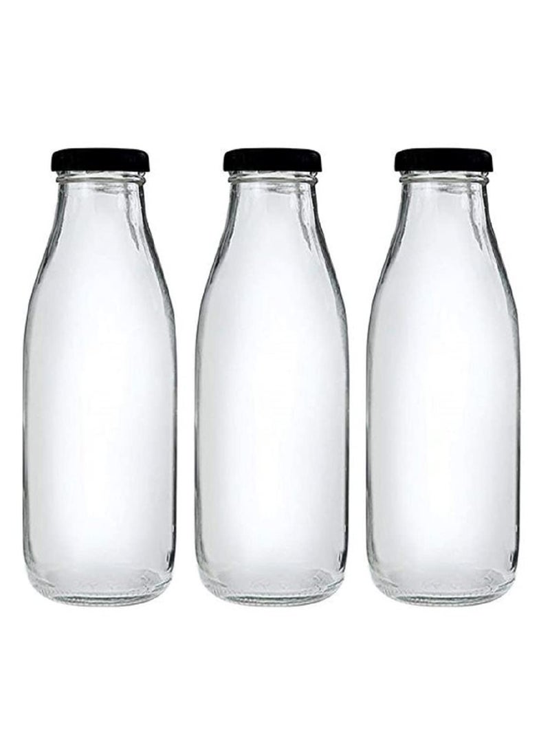 Mkd2 Rise Glass Bottle 500 ml Set of 3 with Air Tight Black Metal Lid for Water Milk Juice Oil
