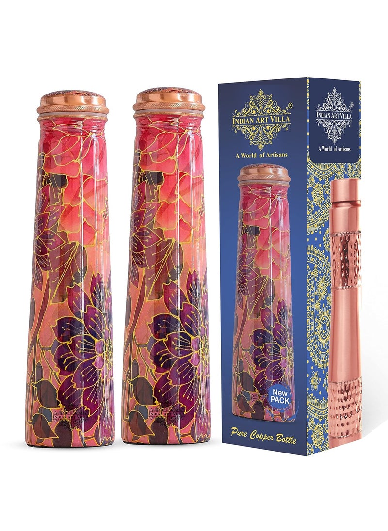 INDIAN ART VILLA Copper Tube Slim Bottle in Pink Floral Print Volume 750 ML Pack of 2