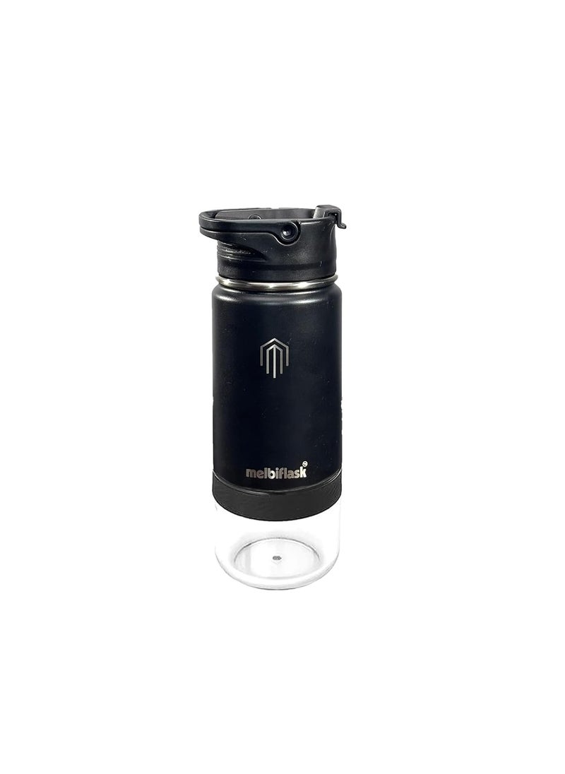 Melbify Melbiflask Mini 2 in 1 Everyday Flask with Snack Compartment 500 ml Black Hot 12 HrsCold 24 Hrs Wide Mouth Easy Flip Lid BPAFree Fits in BagCar Ideal for School Work Gym
