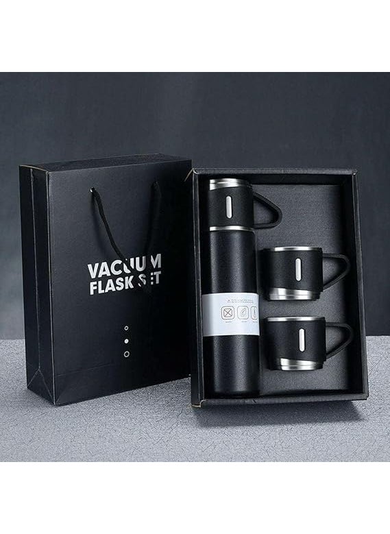 Stainless Steel Vacuum Flask Set with 2 Cups 500ml Insulated Bottle Keeps Liquid Hot or Cold