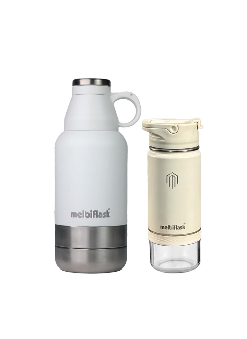 Melbify Elder Bundle Flask with Snack Compartment 1000 ml Mini Flask 500 ml Pack of 2 Stainless Steel Hot 12 Hrs Cold 24 Hrs Water Bottle Ideal for Office Gym Home Travel