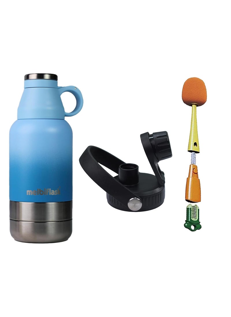Melbify 3in1 Flask with Storage Bowls Pourout Lid BrushVacuum Insulated1 Litre HotCold Water FlaskStainless SteelBlue