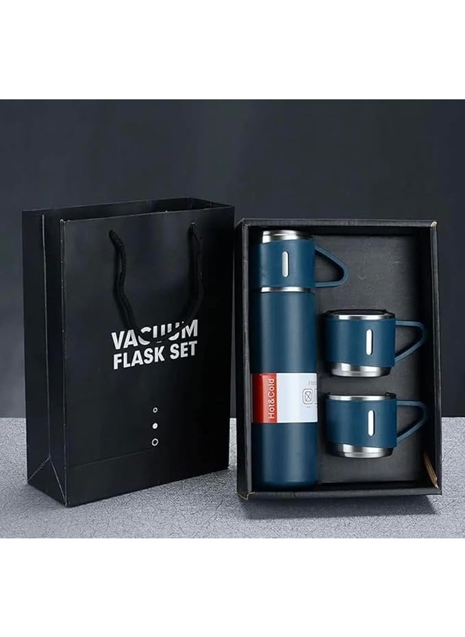AMAZING T Coffee Thermos Flask Set Stainless Steel Water Bottle with 3Cups Leakproof Lids Vacuum Insulated Double Wall for Hot Cold Beverage Portable Mug for TravelBlack Blue
