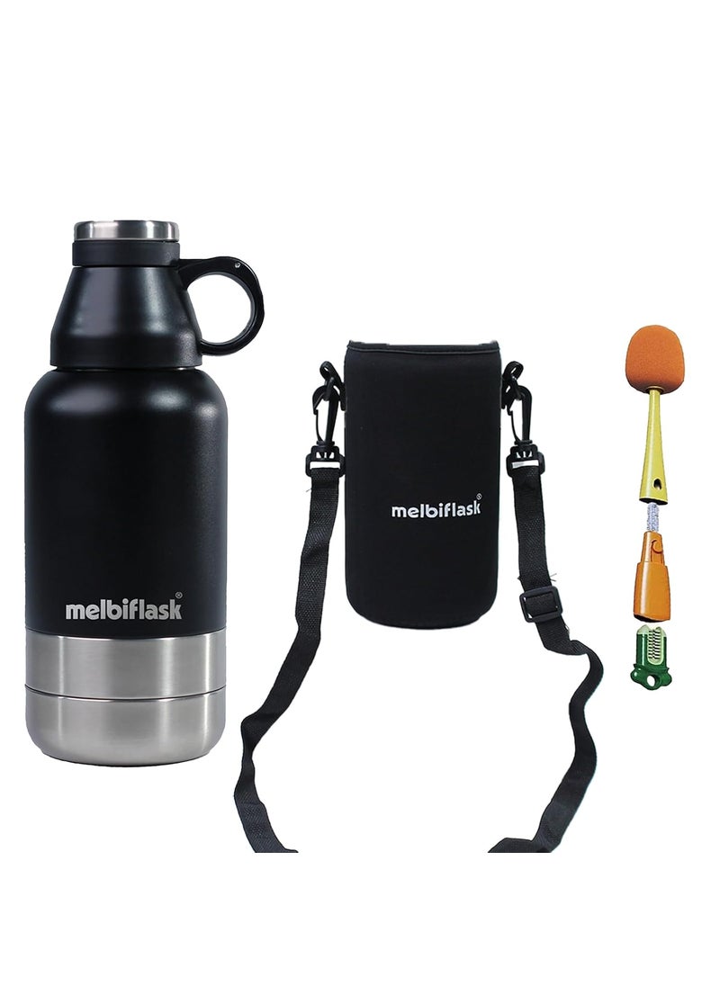 Melbify 3in1 Flask with Storage Bowls Carry Bag Brush Vacuum MelbiFlask Water Bottle Thermosteel Insulated Flask 1 Litre HotCold WaterCoffeeTea Best Flask for Office Travel Black