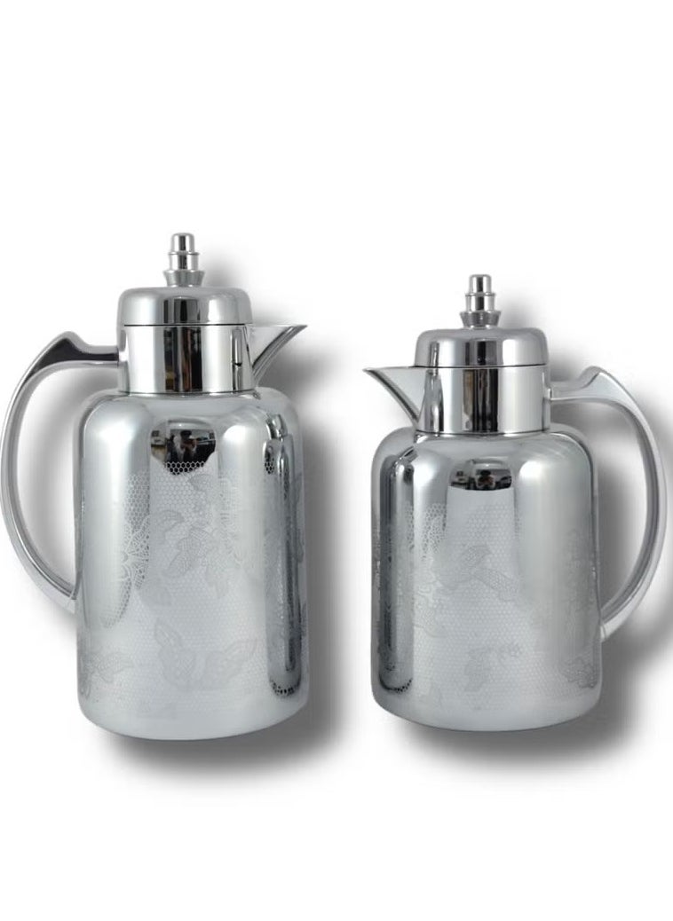 2-Piece Tea & Coffee Flask Set – 0.7L & 1L – Glass Inner, ABS Body – Silver – Premium Quality, Elegant Finish – Keeps Beverages Hot or Cold Longer