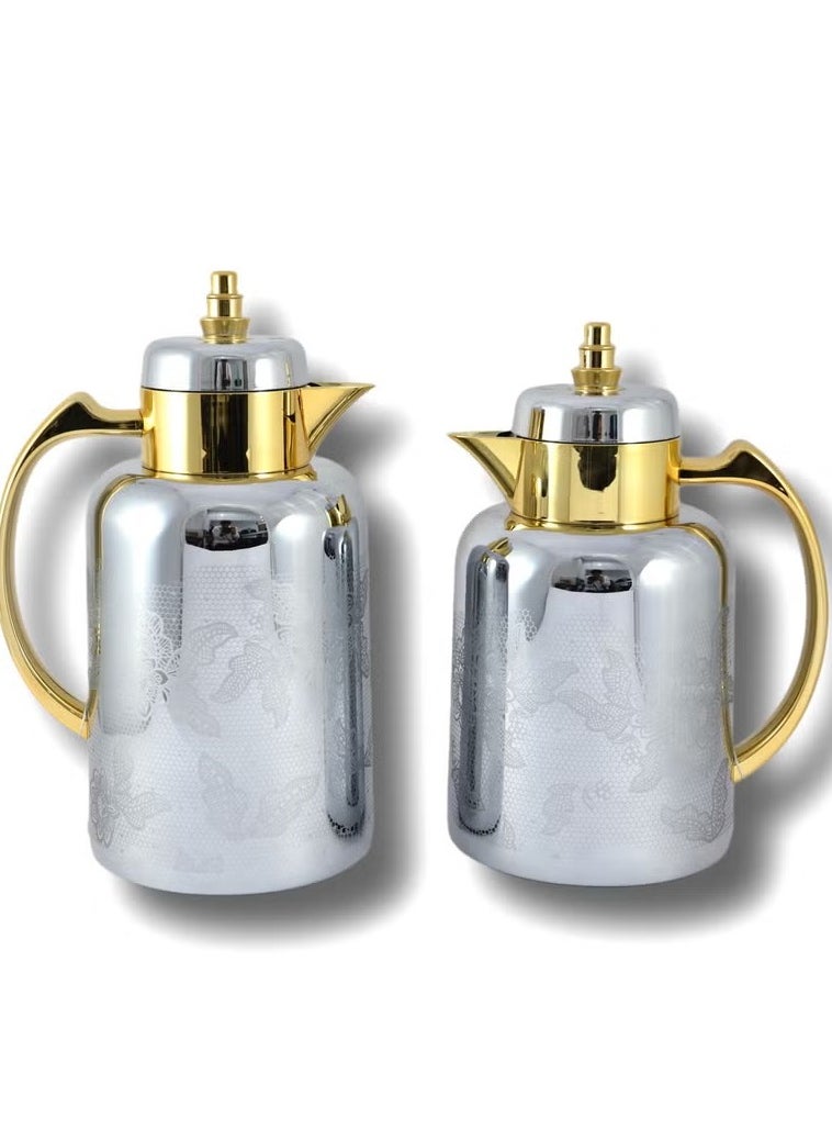 2-Piece Tea & Coffee Flask Set – 0.7L & 1L – Glass Inner, ABS Body – Silver & Gold – Premium Quality, Classy Finish – Keeps Beverages Hot or Cold for Hours – Elegant Look & Feel