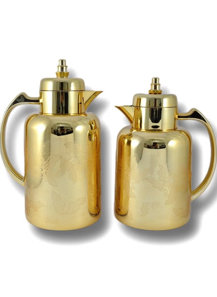 2-Piece Tea & Coffee Flask Set – 0.7L & 1L – Glass Inner, ABS Body – Gold – Premium Quality, Elegant Look, Classy Finish – Hand Washable – Keeps Beverages Hot or Cold for Hours