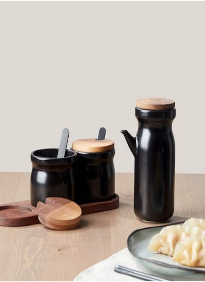 Spice jar with tray ceramic black set of 3