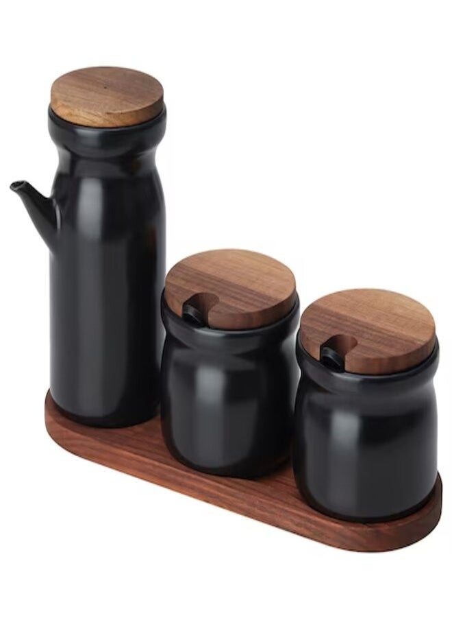 Spice jar with tray ceramic black set of 3