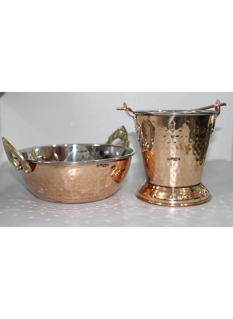 Alluring Homz Combo Hammered Copper Steel Serving Set of 2pcs kadhai Bucket Balti for Restaurant I Home I Kitchen I Hotel Serveware Tableware Set KADHAI 400ML Bucket 400ML Set of 2