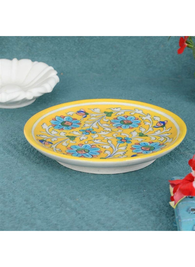 ARTS CRAFTS BLUE POTTERY PLATE YELLOW BASE MULTI COLOUR FLORAL HAND PAINTED