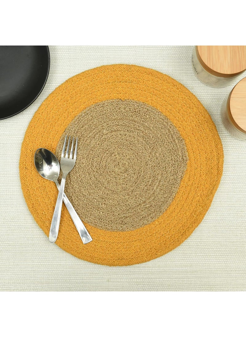 HOMADORN JuteCotton Round Trivet Reversible Table Place Mat for Casserole Plate Pan Tray Bowl Vase Decorative Sculptures Yellow Pack of 6 12 INCHES X 12 INCHES