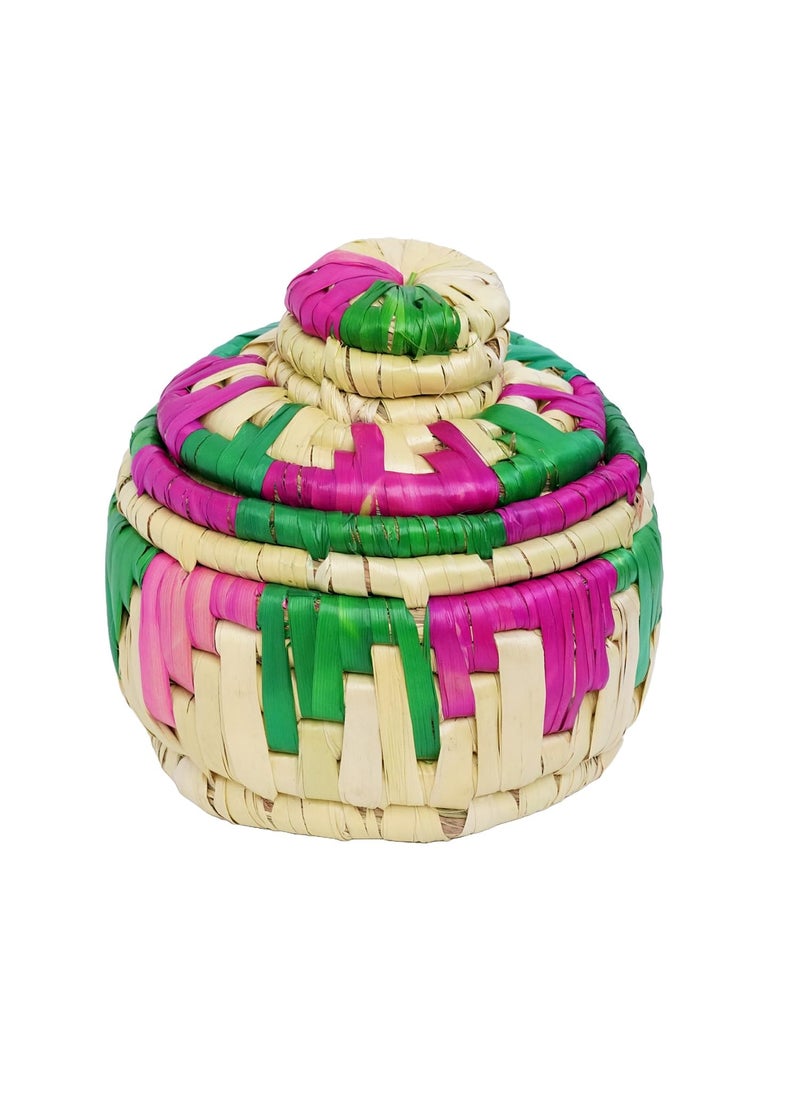 DIGSMORDEN Handcrafted Eco Friendly Moonj Craft Wood Chevron Grass Dish Round Thread Roti Box Handmade Chapatti Box for Living RoomKitchenPantryOfficeHome Dining Table Multicolor Pack of 1