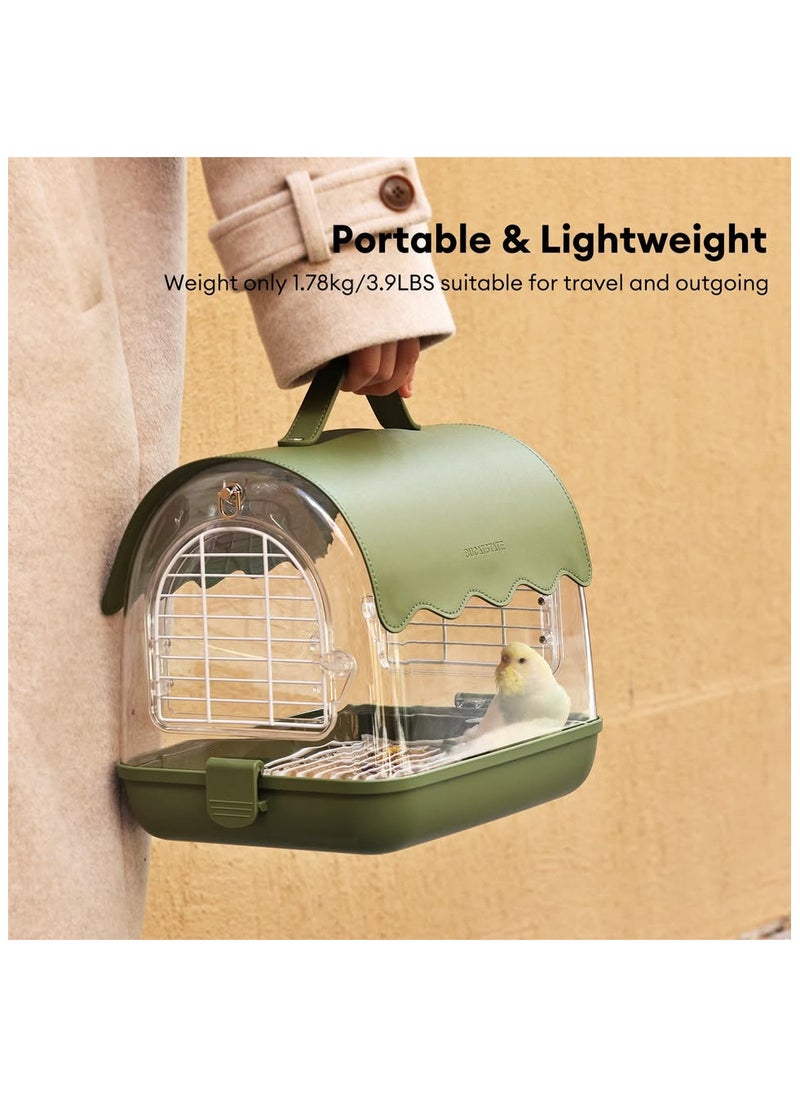 Luxury Transparent Bird Cage, Carrier & Transporter – Lightweight Travel Cage Bag with Dual Doors, Shade, Visible Window – PC Plastic, ABS Plastic, Leather – for Parrots, Cockatiels, Budgies