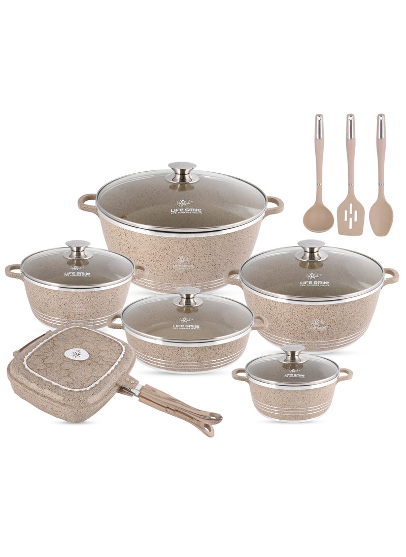 15Pcs Pots and Pans Set, Non-Stick Cookware Sets- Granite Cookwares, Cooking Set Non-Stick Includes Casserole 20/24/28/32cm, Grill Pan 32cm ,Shallow pot 28cm with Lid (PFOS, PFOA Free) & 3pcs Kitchen utensils