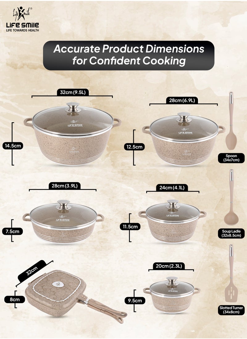 15Pcs Pots and Pans Set, Non-Stick Cookware Sets- Granite Cookwares, Cooking Set Non-Stick Includes Casserole 20/24/28/32cm, Grill Pan 32cm ,Shallow pot 28cm with Lid (PFOS, PFOA Free) & 3pcs Kitchen utensils
