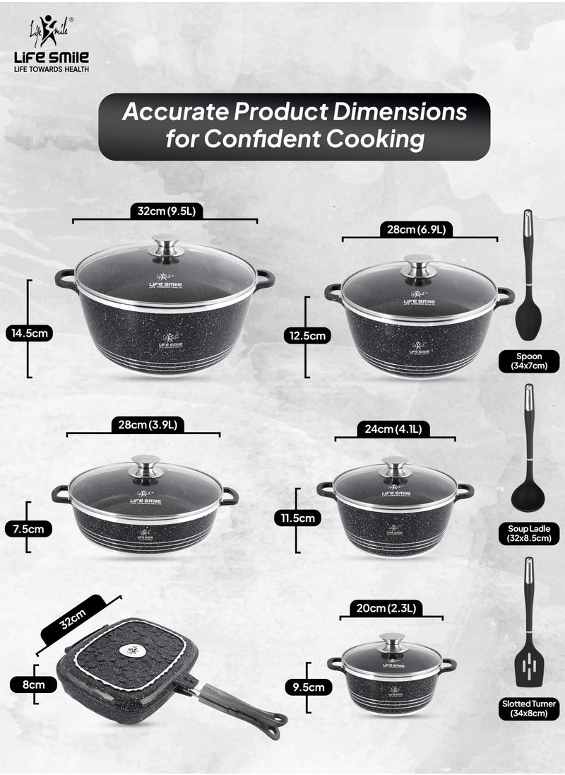 15Pcs Pots and Pans Set, Non-Stick Cookware Sets-Black Granite Cookwares, Cooking Set Non-Stick Includes Casserole 20/24/28/32cm, Grill Pan 32cm & Shallow pot 28cm with Lid (PFOS, PFOA Free) and 3pcs Kitchen utensils