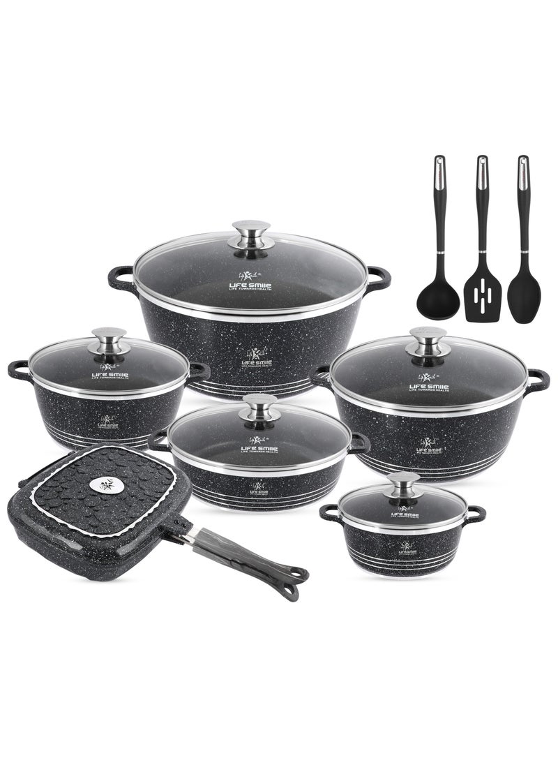 15Pcs Pots and Pans Set, Non-Stick Cookware Sets-Black Granite Cookwares, Cooking Set Non-Stick Includes Casserole 20/24/28/32cm, Grill Pan 32cm & Shallow pot 28cm with Lid (PFOS, PFOA Free) and 3pcs Kitchen utensils