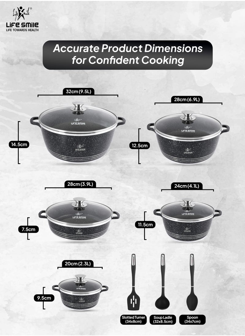 13Pcs Cookware Set Granite Cooking Pots And Pans- Non-Stick Cookwares Silicone Handles Tempered Glass Lids PFOA Free 1xShallow Pots , 4xSoup Pot,1xSpoon,1xSoup ladle ,1xSlotted Turner Casserole Set,Black