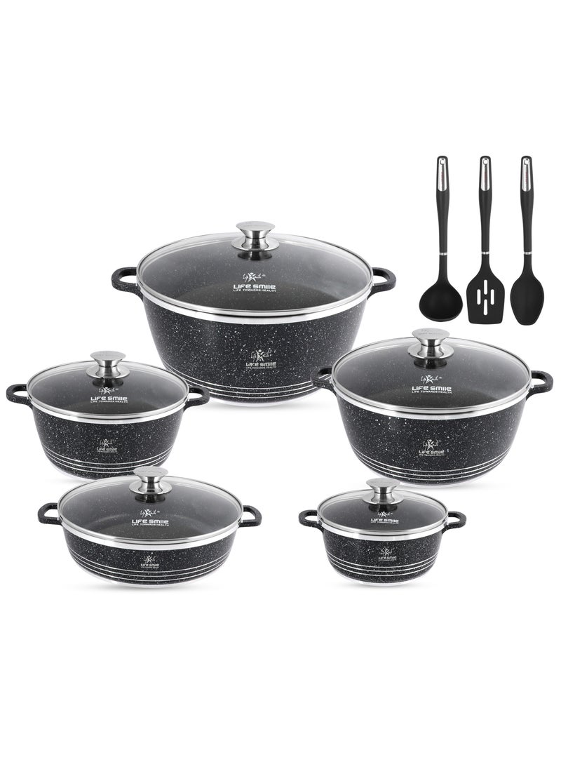 13Pcs Cookware Set Granite Cooking Pots And Pans- Non-Stick Cookwares Silicone Handles Tempered Glass Lids PFOA Free 1xShallow Pots , 4xSoup Pot,1xSpoon,1xSoup ladle ,1xSlotted Turner Casserole Set,Black