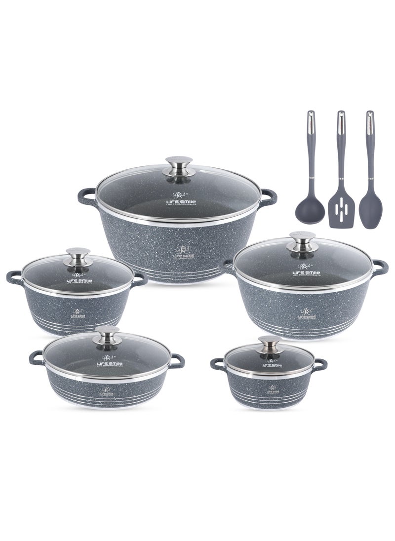 13Pcs Cookware Set Granite Cooking Pots And Pans- Non-Stick Cookwares Silicone Handles Tempered Glass Lids PFOA Free 1xShallow Pots , 4xSoup Pot,1xSpoon,1xSoup ladle ,1xSlotted Turner Casserole Set,Blue