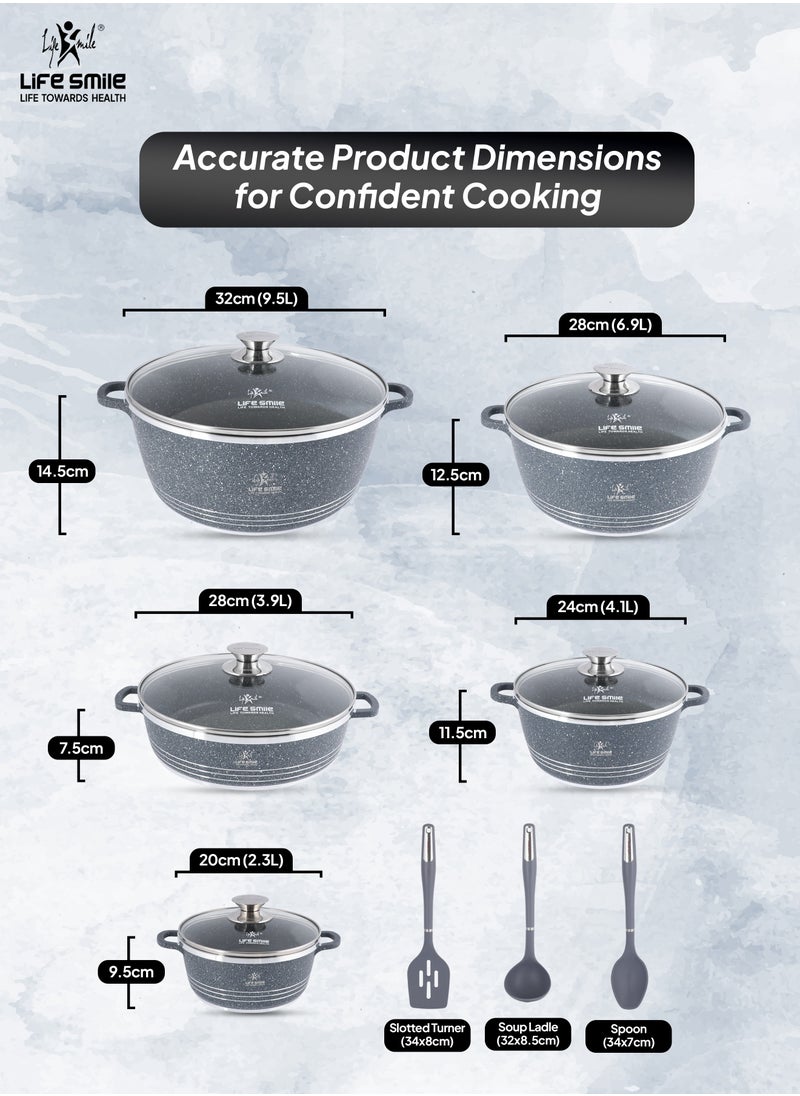 13Pcs Cookware Set Granite Cooking Pots And Pans- Non-Stick Cookwares Silicone Handles Tempered Glass Lids PFOA Free 1xShallow Pots , 4xSoup Pot,1xSpoon,1xSoup ladle ,1xSlotted Turner Casserole Set,Blue