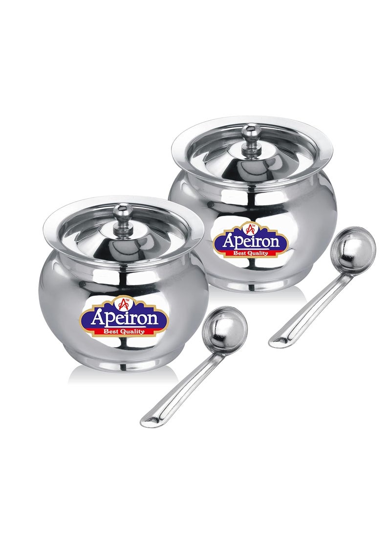 Apeiron Stainless Steel Kalash Shape GheeOil Pot with Spoon and Lid 250 ml Steel Utility Container Pack of 2