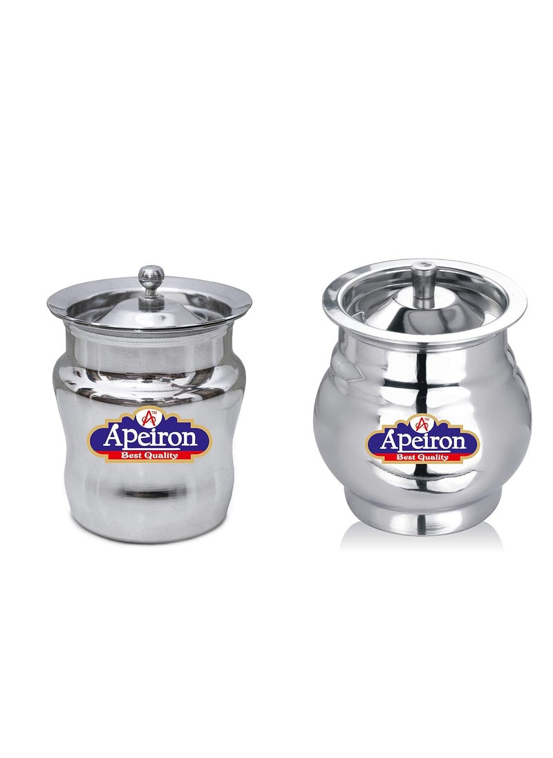 Apeiron Stainless Steel Lota shape and Damru Shape GheeOil Pot with Spoon and Lid 300 ml Steel Utility Container