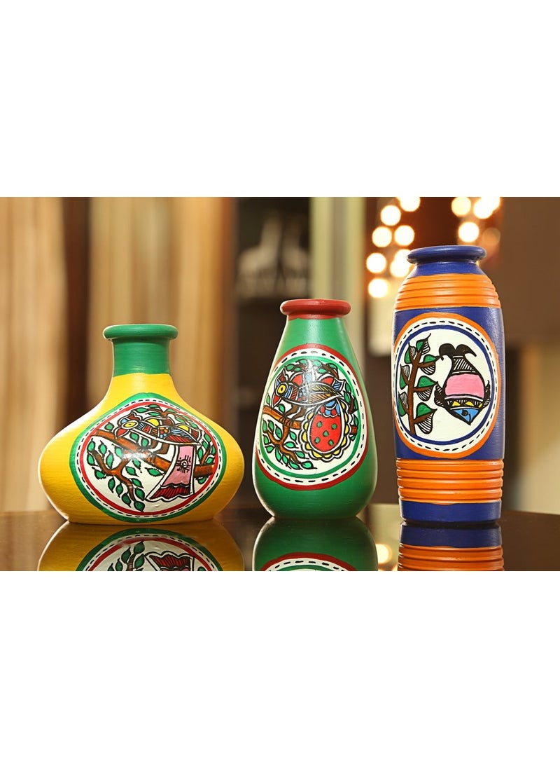 CRAFTBELL Terracotta Table Pots Set of 3 Multicolour 4x4x3inch Terracotta Hand Painted