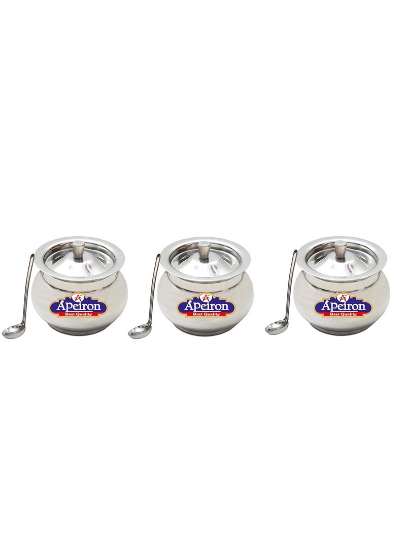 Apeiron Stainless Steel GheeOil Pot with Spoon and Lid 300 ml Pack of 3 Kalash Shape