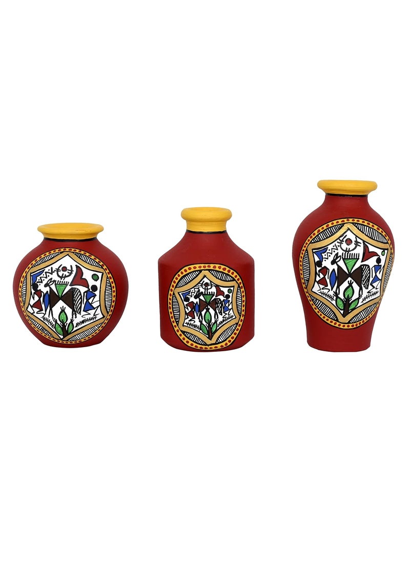 Vintage Gulley Terracotta Pot with Warli Hand Painted 3 Pot Combo Red