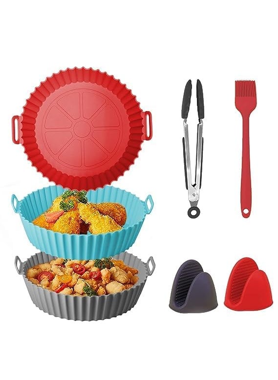ITUSHA Air Fryer Silicone Liners3 PCS Reusable Airfryer Silicone Pot Food Grade Air Fryer Liners 85 inch Easy Cleaning Silicone Air Fryer Baking Tray with Brush and thonegs