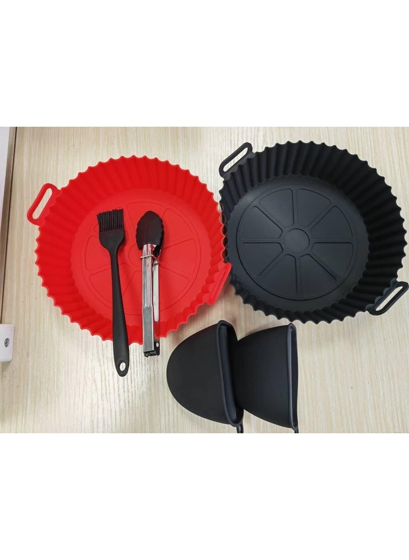 VALTUJA 2 Air Fryer Silicone Liners 6 Pack 8 Inch Food Grade BPAFree Reusable Round Baskets with Basting Brush and Tongs Red Black Silicone Oven Accessories