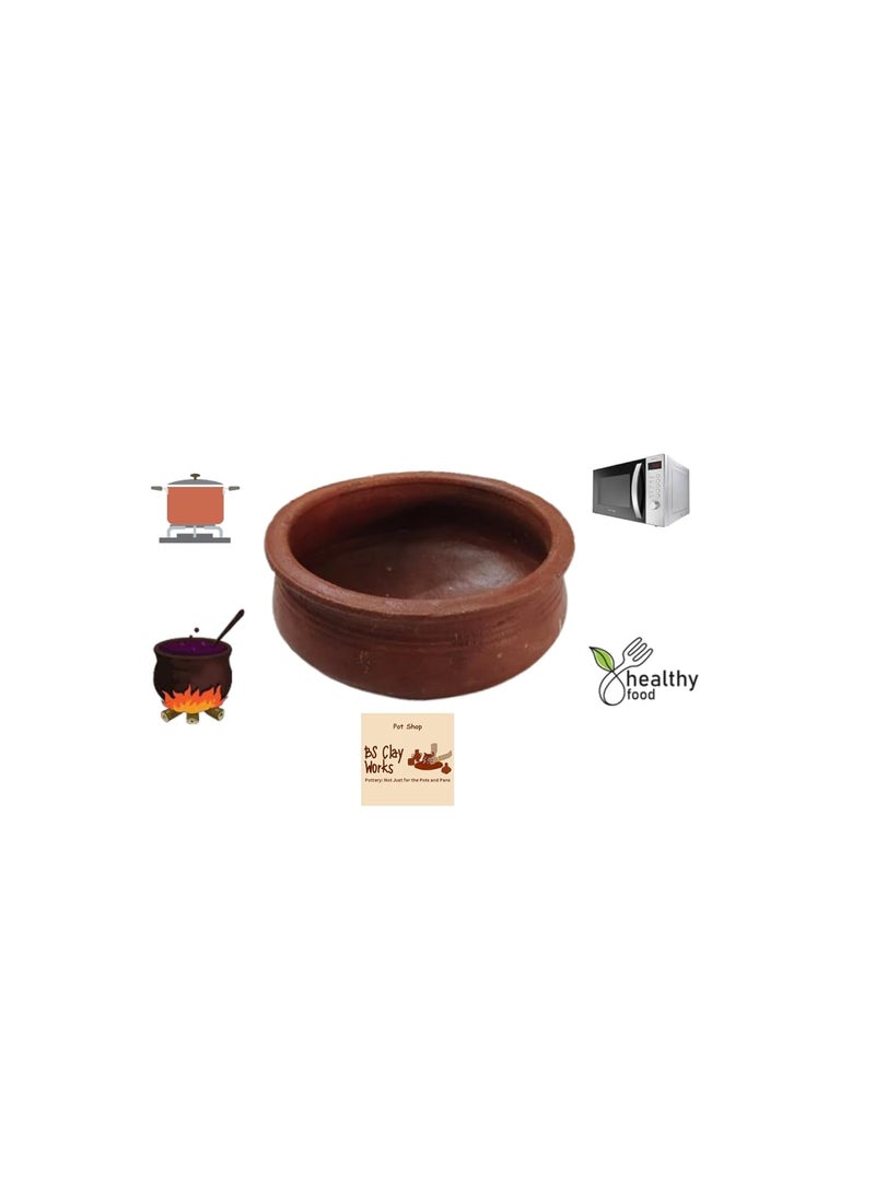 BS Clay Works - Handmade Clay Handi/kadai for Cooking/Veg/Non Veg/can be Used in Gas Stove / 750ML Without Lid – Pack of 1 (Brown, Mini)