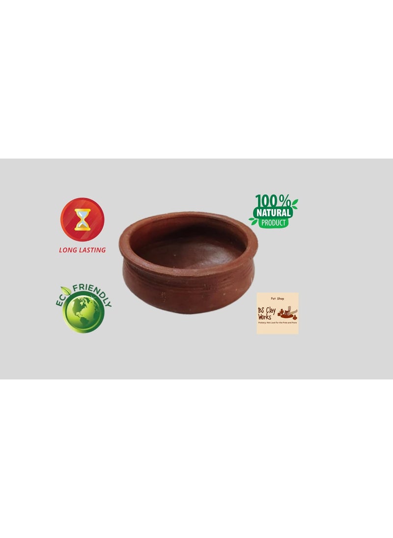 BS Clay Works - Handmade Clay Handi/kadai for Cooking/Veg/Non Veg/can be Used in Gas Stove / 750ML Without Lid – Pack of 1 (Brown, Mini)