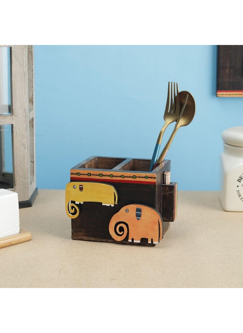 VarEesha Handmade Orange Yellow Elephants Mango Wood Cutlery and Toothpick Holder Wooden Cutlery Rack for KitchenWooden Spoon Stand for Diining Table