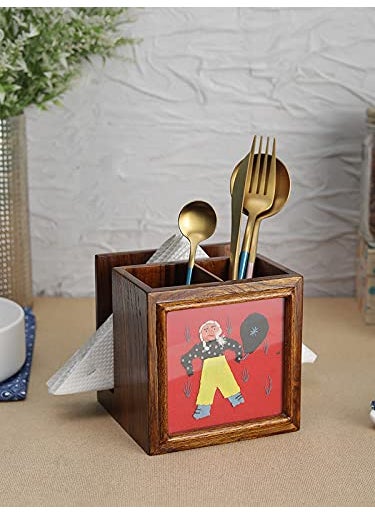 VarEesha Red Applique Work Teak Wood Cutlery and Napkin Holder Wooden Tableware