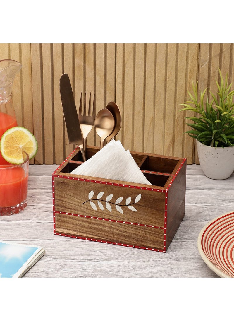 VarEesha Handmade Snow Leaf Sheesham Wood Cutlery and Napkin Holder Wooden Cutlery Rack for KitchenWooden Spoon Stand for Diining Table