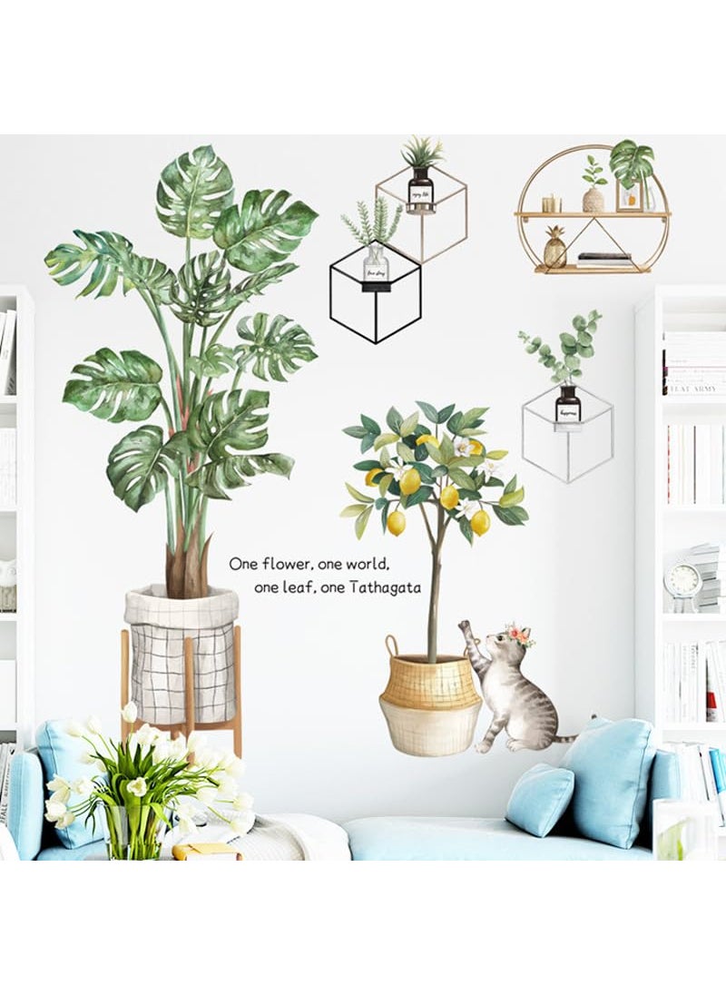 JAAMSO ROYALS Green Leaves with Tropical Potted Plant Wall Art Decoration PVC Vinyl Removable Wall Sticker 30 CM x 90 CM 2PCS