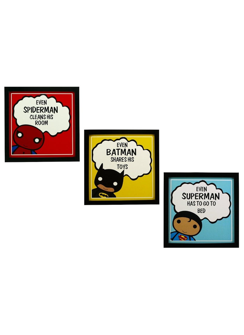 Indianara 3 Piece Set of Framed Wall Hanging Kids Room Decor Spiderman Batman Superman Art Prints 87 inch X 87 inch Without Glassmulticolor10