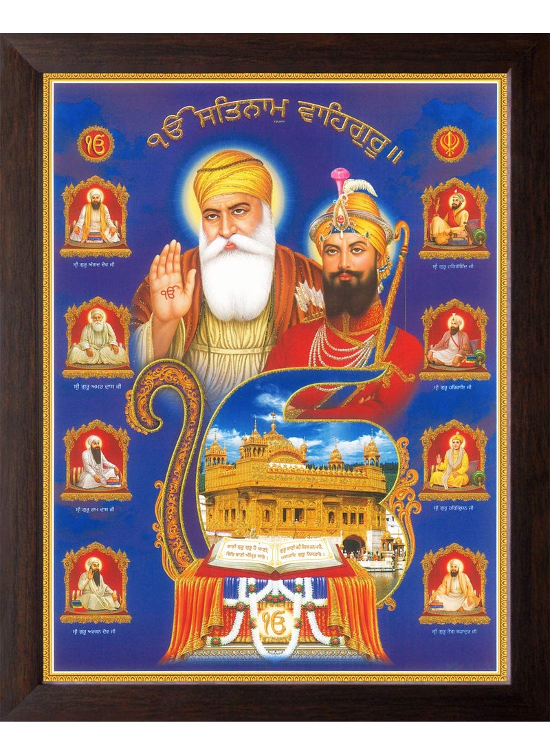 Art n Store All Ten Sikh Gurus and Golden Temple HD Printed Religious Wall Decor Picture with Plane Brown Frame 30 X 235 X 15 cm_ Brown Wood