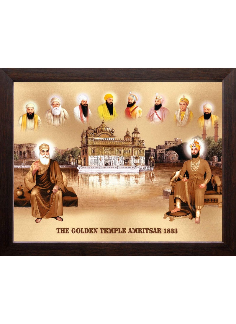 Art n Store All Ten Sikh Gurus and 1833 Golden Temple HD Printed Religious Wall Decor Picture Painting with Frame for Home Office 30 X 235 X 15 cm_ Brown Wood