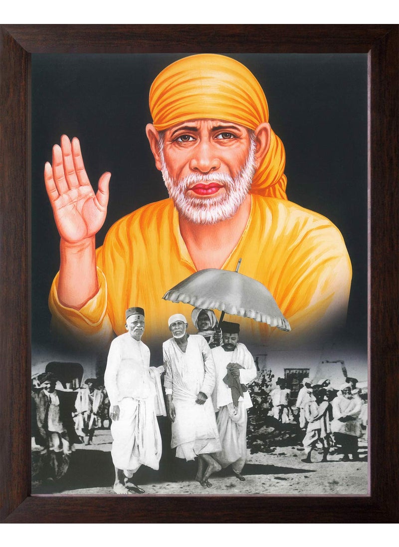 Art n Store Shree Sai Baba with his Followers in a Village HD Printed Religious Decor Picture with Plane Brown Frame 30 X 235 X 15 CM_ Brown Wood