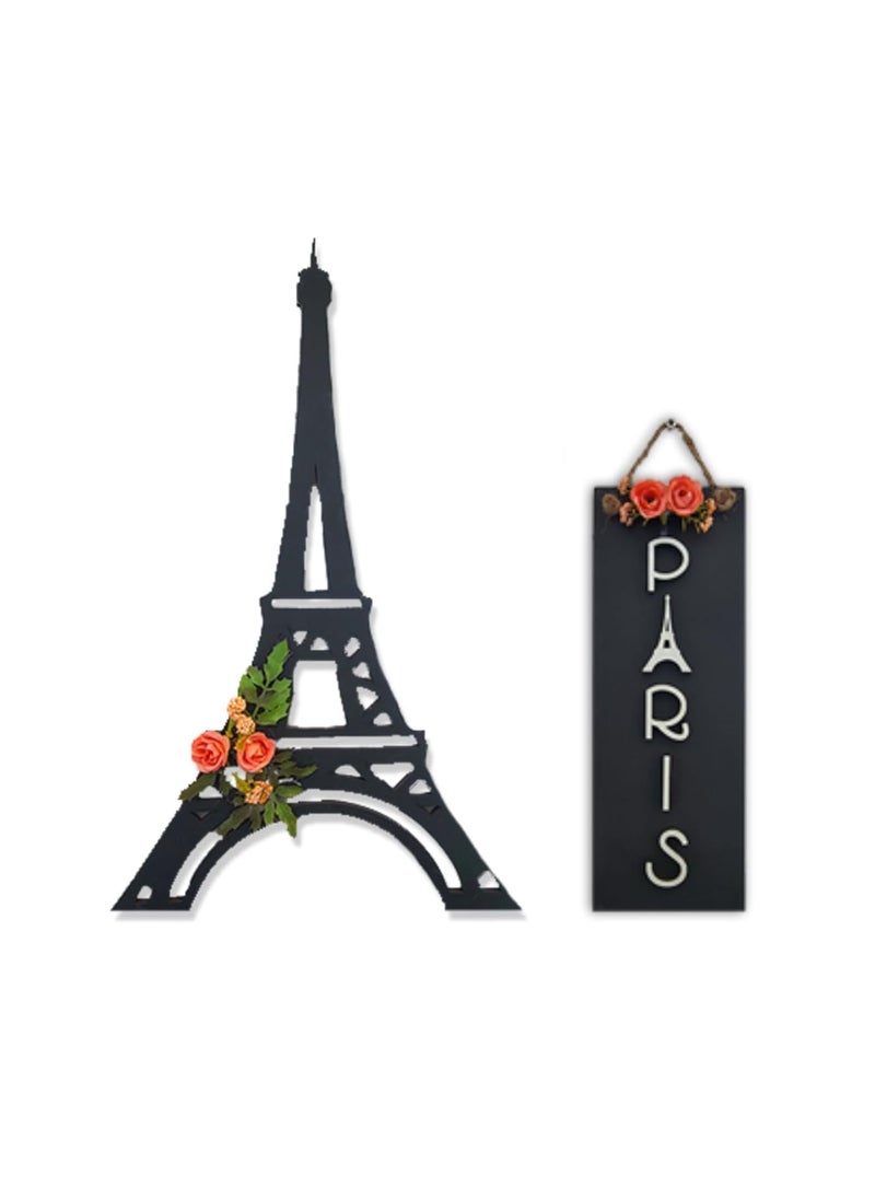 Chalk My Theme 3D Eiffel Tower and Paris Wooden Showpiece Wall Art Set of 2 Eiffel Tower and Paris Wall Decoration for Home Office Living Room and Gift