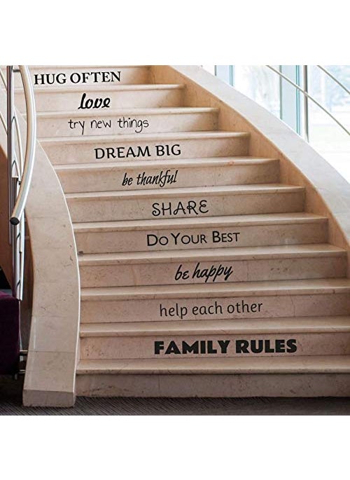 LYOMAN Family Rule Stairs wall Motivational Quotes Stickers wall Stickers For Bedroom Living Room Halls Kitchen Wall Decorations Wall Vinyl Sticker Color Black Pack Of 1