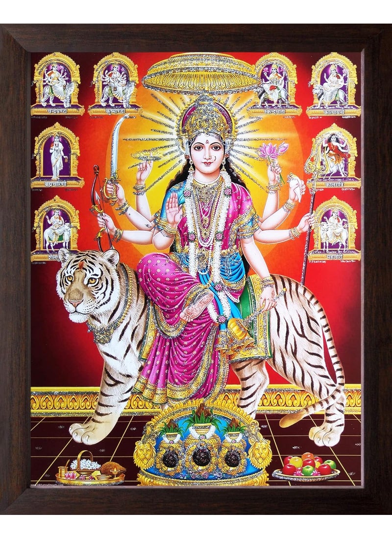 Art n Store Goddess DurgaAmbeSherawali Maa in his 9 form Religious Decor Picture with Plane Brown Frame 30 X 235 X 10 cm_ Brown Wood