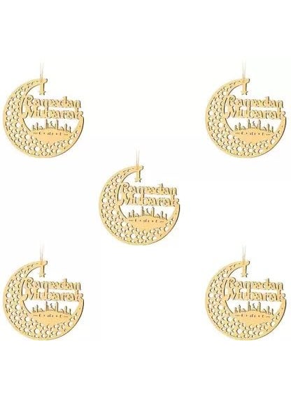 Curious Button Set of 5 Pieces Wooden Ramadan Ornaments Decoration Eid Mubarak Door Sign Wooden Hanging Signs Kareem Hollow Pendant Party Wall Decor Moon Star Lantern Shape Ornament