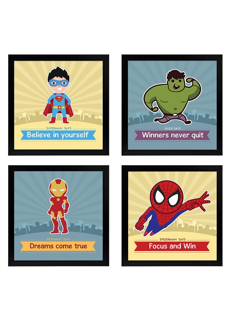 Chaka Chaundh Kids Spider Man Iron man Inspirational Quotes Wall Frames for Bedroom cartoon posters 9 X9 Inches Set of 4