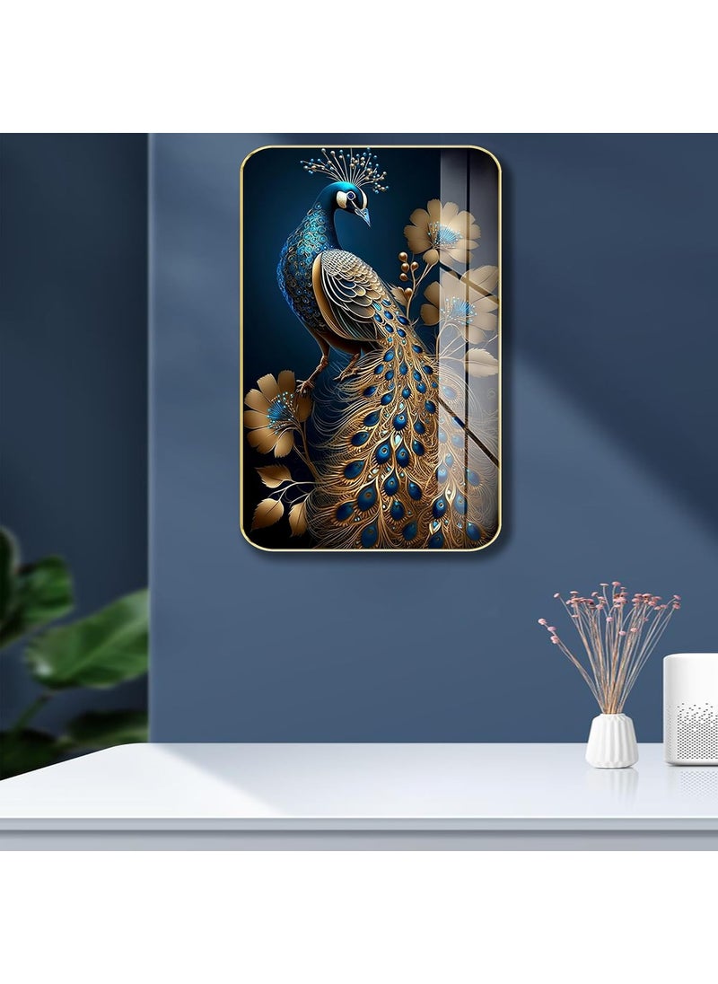 Masstone Premium Crystal Peacock Golden effect High Gloss Surface Golden Slim Frame 45x30 cm Wall Art for Living Room Bedroom and Office Dcor