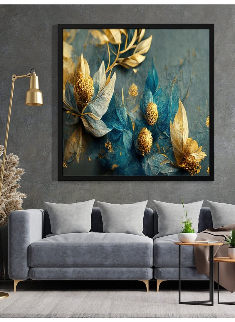 999STORE golden flower with golden leaf and blue leaf scenery for wall with frames flower painting BoxF36X360006